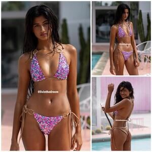 Beach Bunny Paparazzi Triangle Top XL & Tie Side Bottom M- Blue/Pink $270